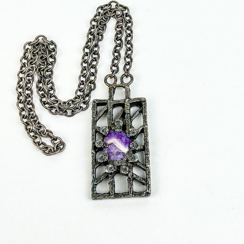 Vintage Jacob Hull Amethyst Pendant Necklace Silver Plate Denmark Brutalist